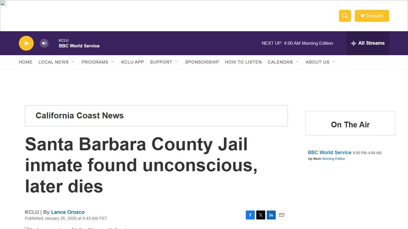 Santa Barbara County Jail inmate found unconscious, later dies KCLU